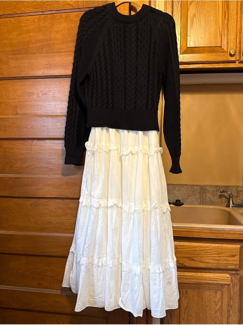Anthropologie Twofer White Tiered Maxi Dress with Black Sweater